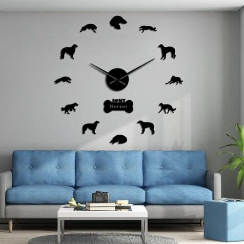 3D Borzoi DIY Mirror Stickers Numbers Mute Wall Clock Russian Wolfhound Frameless Large Wall Watch Russkaya Psovaya Borzaya Gift