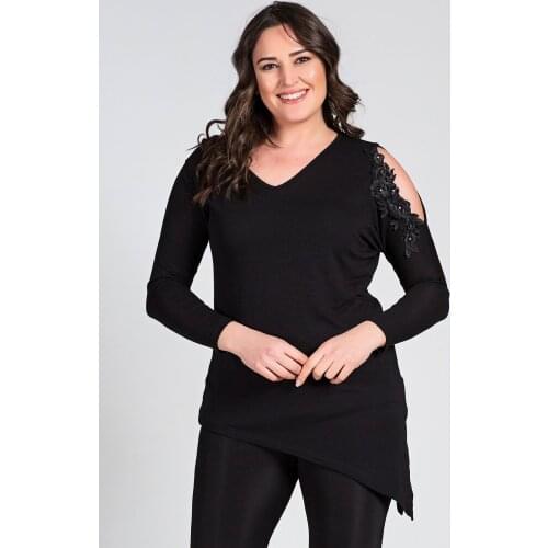 New Season Fashion Plus Size Asimetric Flower Detailed Shoulder Long Slevee Blouse Natural Viscose Soft Elastic Fabric