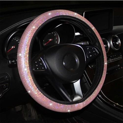 38CM Car Steering Wheel Cover Crystal Sparkle Diamond Bling Anti-slip Steering Wheel Protectors PU Leather Universal Replacement