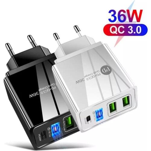 Pd36w + qc3.0 2.4a dual USB fast charging mobile phone charger multi port USB travel charger with PD charging head