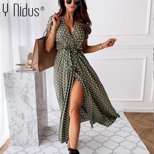 Women Sexy Summer Dress 2021 Dot Print Deep V-Neck Maxi Sundress Tunic Tie Split vestido Flowy Evening Party Long Shirt Dresses