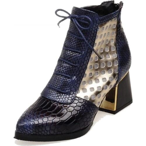 Dropshipping Fashion Ankle Boot Snake Print Cross Tie Hoof High Heels Short Boots Pointed Toe Autumn Boots Shoes Winter Shoes