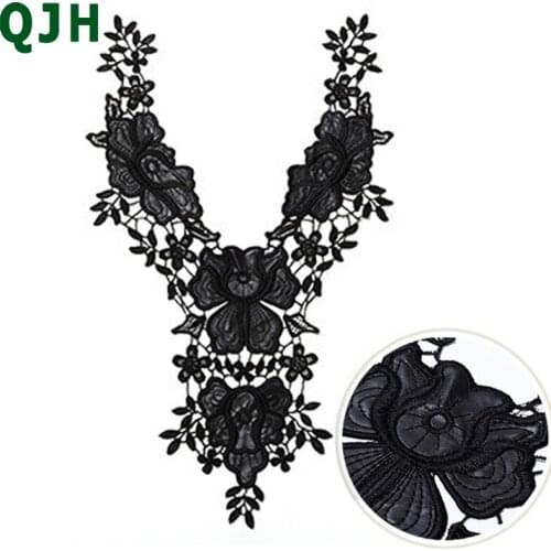 QJH 1pcs/PU leather velvet Black flower type Lace Applique Mesh Trim For Garment Accessories Decoration Sew On Guipure Lace