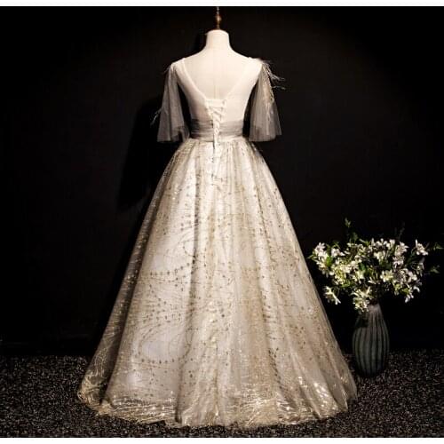 Luxury feather beading glitter butterfly sleeve royal queen long dress medieval Renaissance Victoria ball gown