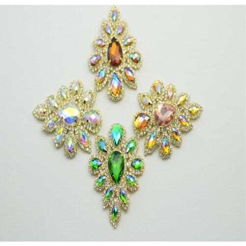 Rhinestones Applique Gold base clothing Dress sew on Party Wedding Decoration