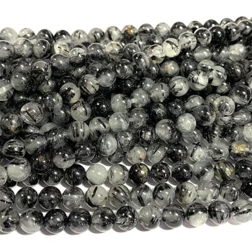 Veemake Black Tourmaline Rutilated Needle Quartz Necklace Bracelets Earrings Natural Crystal Round Beads For Jewelry Making07032