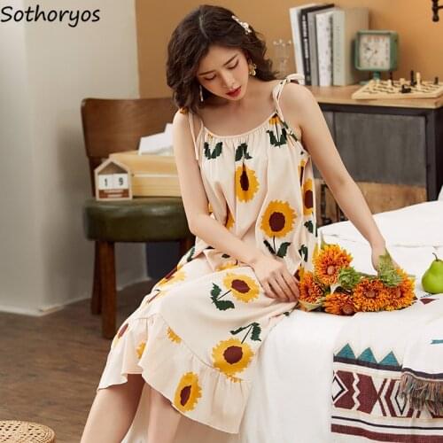 Women Nightgowns Sleeveless Print Long Sleepshirts Summer Thin Sleep Dress Spaghetti Straps Nightwear Plus Size M-5XL Loose Soft