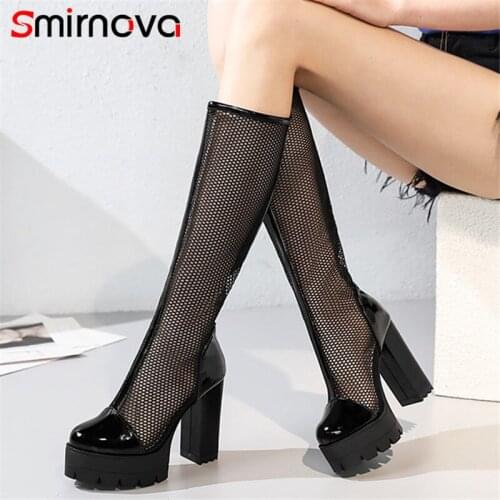 Smeeroon Big Size 43 High Heels Platform Boots Women Round Toe Summer Mesh Boots Fashion Punk Prom Shoes Women Knee High Boots