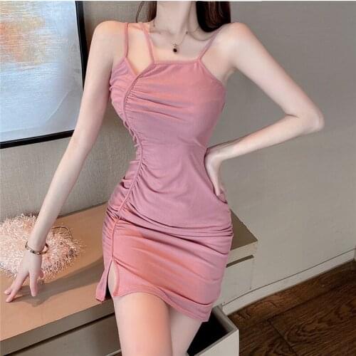 Real Shot 2021 New Summer Temperament Womens Hollow Sexy Slim Pink Suspender Dress