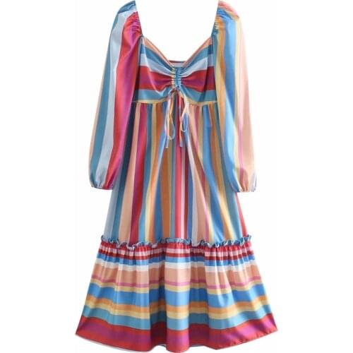 Woman Fashion autumn Color striped print midi dress Women Long puff Sleeve gathered tie v-neck Bohemian dresses Ruffle hem robe