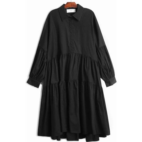 2021 new spring and summer fashion women clothes turn-down collar full sleeves pleasted A-line cotton shirt dress C589