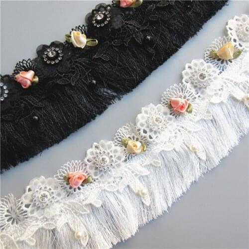 1 yard White Black Tassel Fringe Trim Diamond Pearl Flower Embroidered Lace Ribbon Fabric Sewing Supplies Craft Decorative 6.5cm