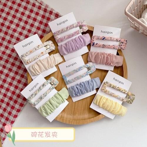 2 Pcs New Korea Sweet Girl Simple Fresh Floral Hollow Square BB Clip Fashion Womens Folds Fabric Hairpins Hair Accessories