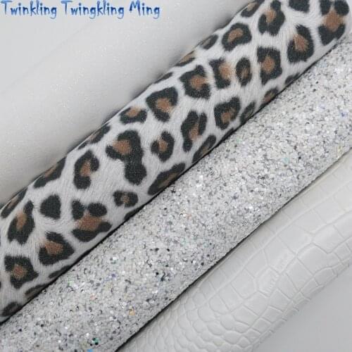 WHITE Glitter Fabric, Suede Leopard Synthetic Leather, Crocodile Faux Fabric Sheets For Bow A4 21x29CM Twinkling Ming XM023J