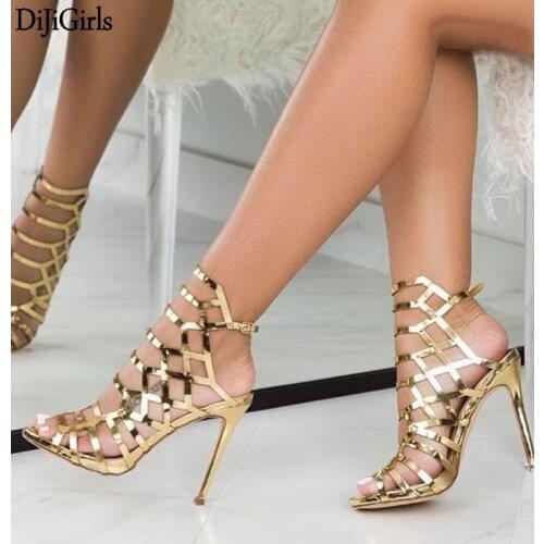 13cm High Sandals 2019 Women Sandals High Heels Hollow Out Gladiator Sandals Patent Leather Golden Party Shoes Summer Lady Shoes