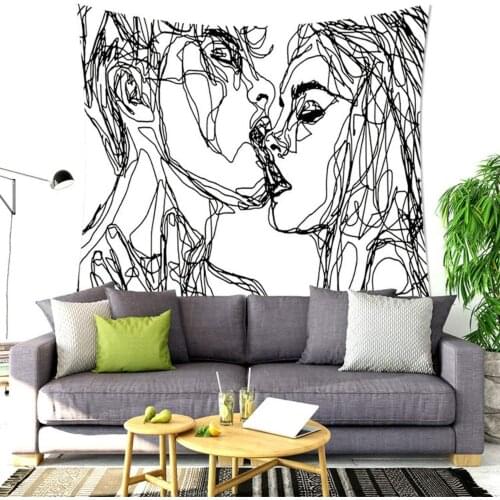 Man Kiss Woman Black and White Sketch Tapestry Art Wall Hanging Couple Kiss