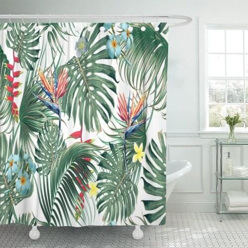 Floral Tropical with Exotic Flowers Palm Leaves Jungle Leaf Bird of Paradise Botanical in Hawaiian Shower Curtains Waterproof