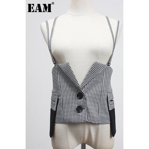 [EAM] Women Loose Fit Black Plaid Split Joint Irregular Vest New V-collar Sleeveless Fashion Tide Spring Autumn 2021 1Z433