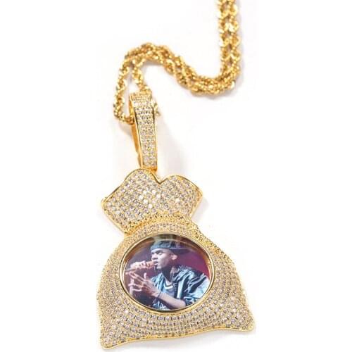 Custom Dollars Money Bag Shape Photo Frame Memory Medallions Pendants Necklace for Men Bling Iced Out Hip Hop Rapper Jewelry