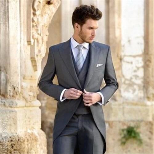 Classic Grey Groom Tuxedos Tailcoat Men Suit For Wedding 3Pieces(Jacket+Pant+Vest+Tie) Prom Tuxedos Trajes De Hombre Blazer 714