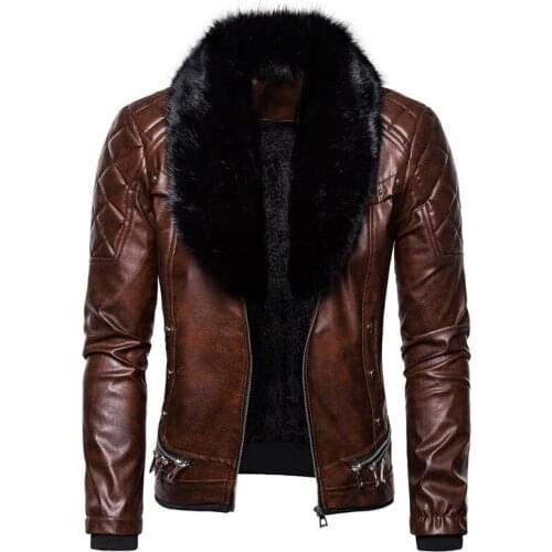 Mcikkny Men Winter Warm Jackets Punk Zipper Leather Motorcycle Outwear Coats For Male Top Clothing Detachable Fur Collar