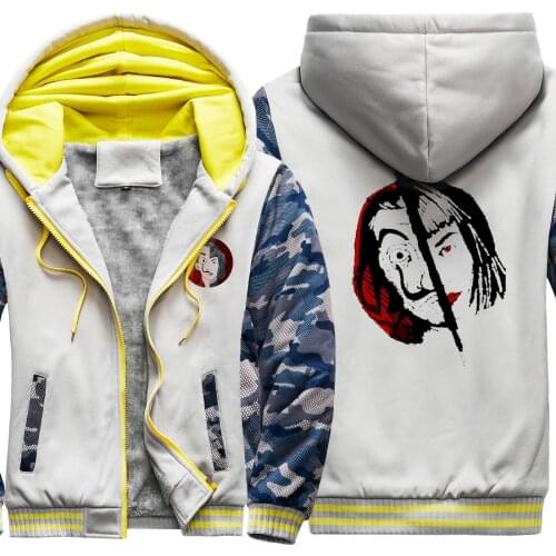 La casa de papel Camouflage Raglan Thicken Jackets Keep Warm Wool Liner Sweatshirts & hooded Tops Zipper Hipster sudadera hombre