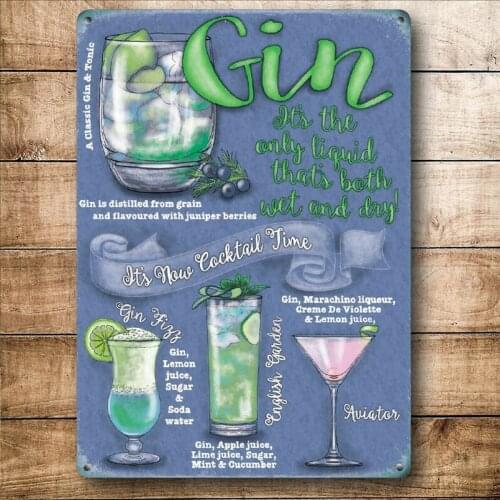 Gin Cocktails Drink Recipes Party Bar Pub Club Small Metal Steel Wall Sign