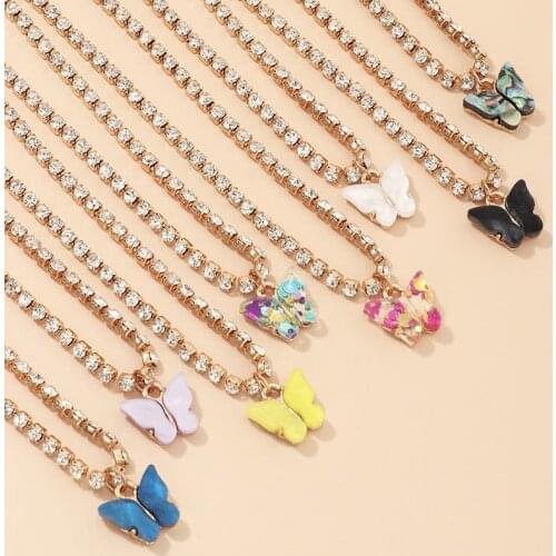 Fashion simple necklace tennis chain custom lady charm Rhinestone Necklace hip hop Color Butterfly Pendant Necklace