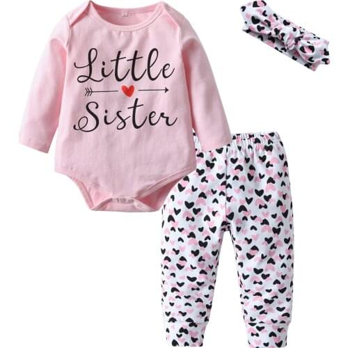Baby Girls Clothing Cotton Casual Outfits Set Little Sister Letter Rompers For Newborns and Heart Printed Pants With Headband