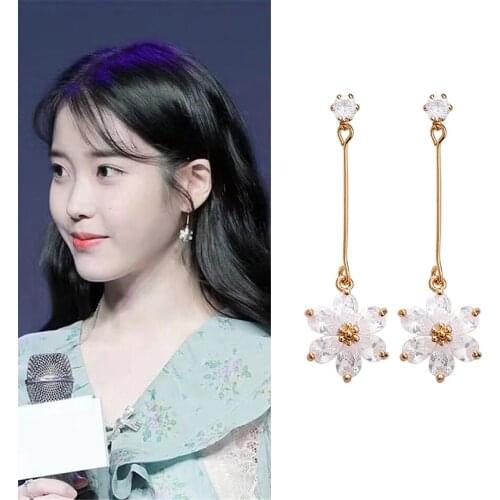 Korean TV Dramas Star Sweet Simple Zircon Flower Long Earrings Fresh Lovely Temperament for Girl Aretes De Mujer Jewelry Gifts