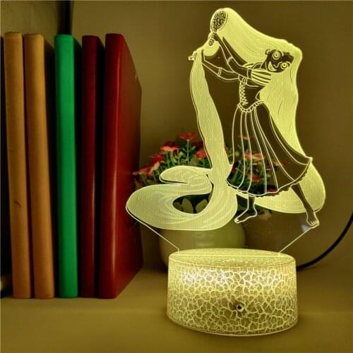 Led Illusion Night Light 3D Long Hair Princess Creative Table Lamp Crack Base Night Light Festival Kids Gift Remote Control