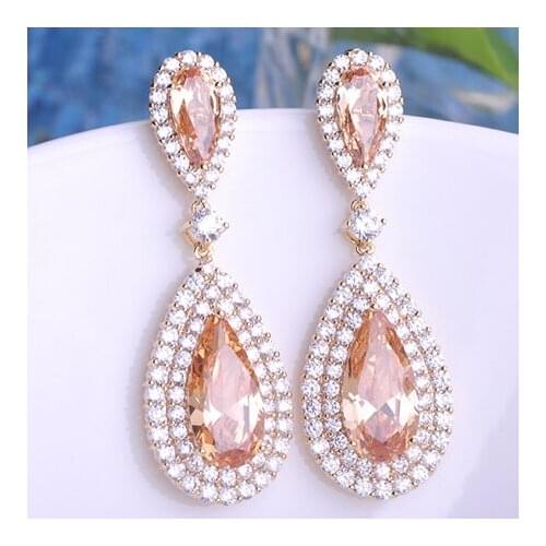 Gorgeous Statement Water Drop Dangle Earrings AAA Zircon Gold Color Blue Green Champagne Evening Dress 6 Colors