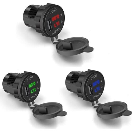 Motor QC 3.0 USB Phone Fast Charging Power Adapter LED Voltmeter Voltage Display Vehicle DC12V-24V Waterproof Socket