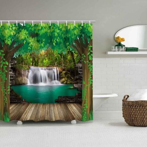 Wood hole stream waterfall polyester printing waterproof shower curtain bathroom partition curtain factory direct sales