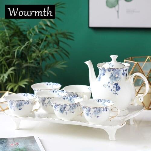 Wourmth Blue Flower Bone China Coffee Set With Tray Luxury Porcelain Tea Set Pot Cup Ceramic Sugar Bowl Teapot Coffeeware Set