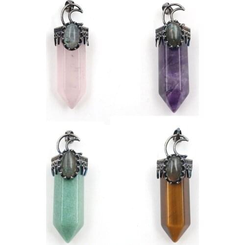 YJXP Crescent Moon Crown Shape Pendants Healing Point Hexagonal Pillar Natural Stone Inlaid Oval Labradorite Jewelry Making 1 Pc