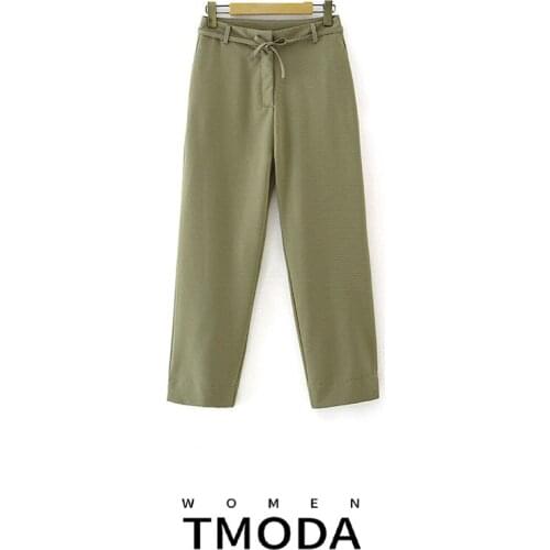 TMODA396 Za Women 2021 Fashion with Tied Office Wear Pant Vintage High Waist Zipper Fly Side Pockets Female Ankle Trousers Mujer