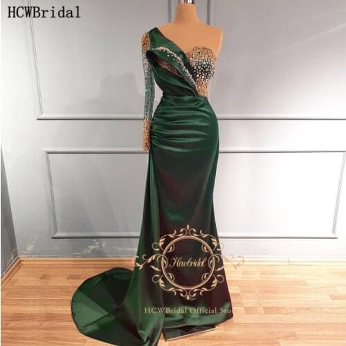 Emerald Green One Shoulder Mermaid Evening Dress Long Sleeve Beads Satin Formal Gowns For Women 2021 Wedding Party Dresses