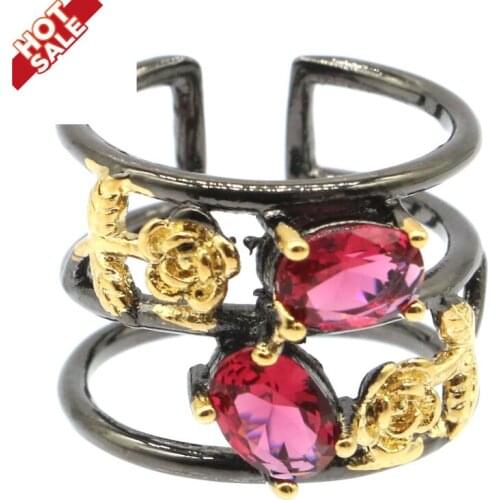 15x10mm SheCrown Created Pink Tourmaline for Women Vintage Black Gold Color Gothic Unique Jewelry Dropship Rings