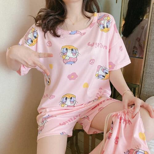 3 PCs/Set Girl Cute Cartoon Printed Bag Pajamas Summer Short Sleeve Tees+Pants Homewear Suits Maternity Pregnancy Women Clothes