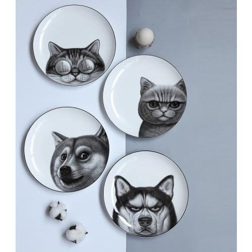 3d Decorative Plate Home Kitchen Dinner Plate Dog Cat Pattern Fruit Cake Ceramic Plate Tableware Kitchen Plate