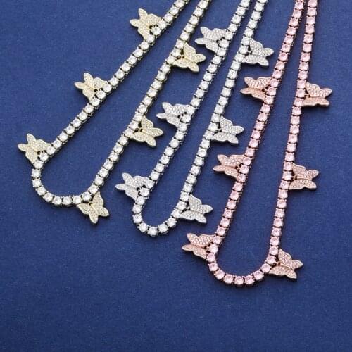 4MM Full Iced Out CZ Hip Hop Tennis Chain with Butterfly Letters Square Zirconium Chain Necklaces for Women Men Jewelry