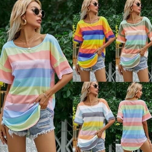 5XL Women T-shirts Striped Shorts Sleeve Loose Basic Shirt Tee Outfits Summer Oversized Casual Tops Harajuku Pullover Streetwear