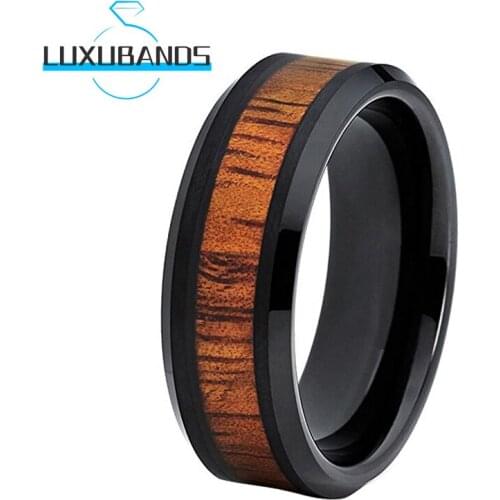 8MM Black Tungsten Carbide Rings For Women Men Beveled Edges Wood Inlay Polished Finished Comfort Fit