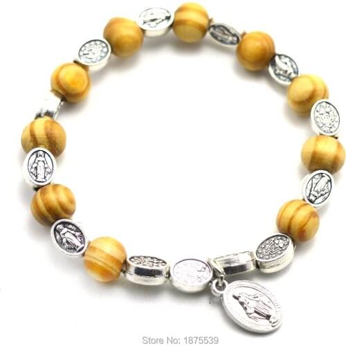 Wood Bead Alloy Madonna Bead Rosary Bracelets
