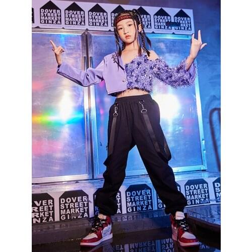 Kids Hip Hop Street Dance Costume Girls' Jazz Dancing Performance Clothing Sequins Coat Trousers Catwalk Show Stage Wear VDB4082