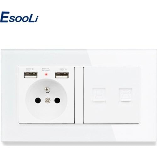 ESOOLI Glass Panel French Standard Socket with 2 USB Charge Port + RJ45 Internet Jack and RJ11 2 Core Telephone Connector