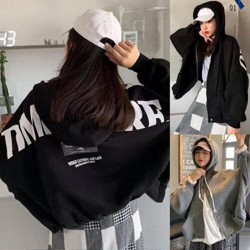 Autumn Women Long Batwing Sleeve Letters Print Plush Hoodie Zipper Loose Coat
