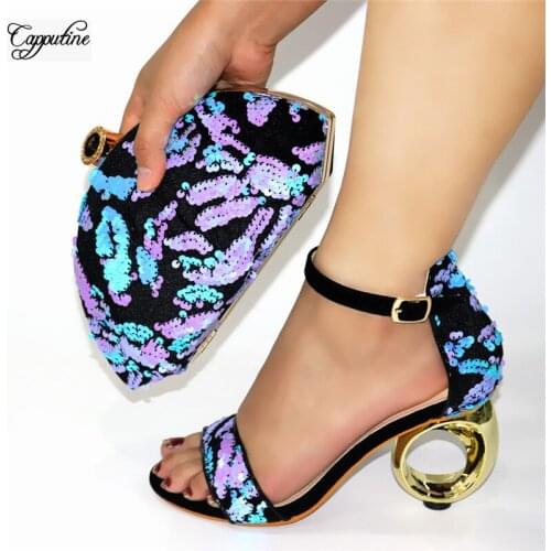 Luxury Woman Shoes And Purse Bag Set With Sequins African Ladies High Heels Sandals Matching With Handbag CR2136 Height 9CM