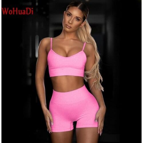 WOHUADI Yoga Set Summer Women Seamless Yoga Sport Bra+High Waist Shorts Gym Fitness Set Running Sportswear Workout Clothes